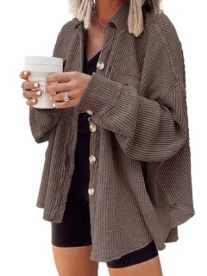 Womens Waffle Knit Shacket Oversized Button Down Shirt Jacket Lightweight Spring Outfits Clothes
