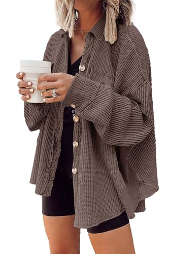 Womens Waffle Knit Shacket Oversized Button Down Shirt Jacket Lightweight Spring Outfits Clothes