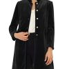 Women's Velvet Jacket Contrast Trim Pockets Stand Collar Single Breasted Long Coat