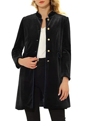 Women's Velvet Jacket Contrast Trim Pockets Stand Collar Single Breasted Long Coat