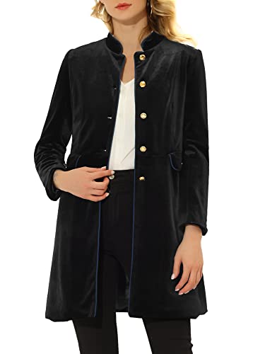Women's Velvet Jacket Contrast Trim Pockets Stand Collar Single Breasted Long Coat