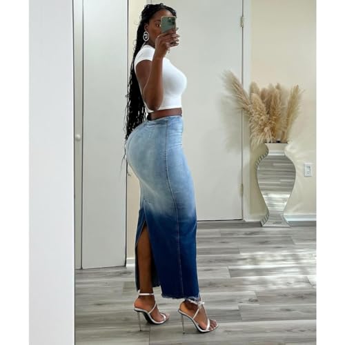 Stylish Women's High Rise Zipper Back Jean Skirt Split Hem Fringe Long Jean Pencil Perfect for Fashion Forward Women Blue