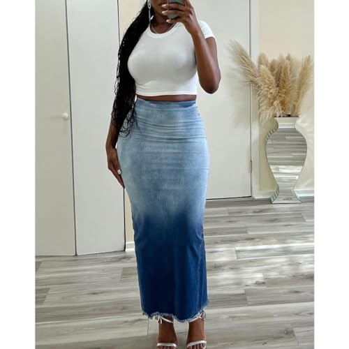 Stylish Women's High Rise Zipper Back Jean Skirt Split Hem Fringe Long Jean Pencil Perfect for Fashion Forward Women Blue