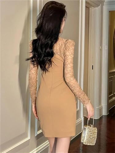 Women's Office Work Dress Lace Trim Pencil Dress Long Sleeve Slim Fit Mini Skirt Elegant Party Dress(Medium)