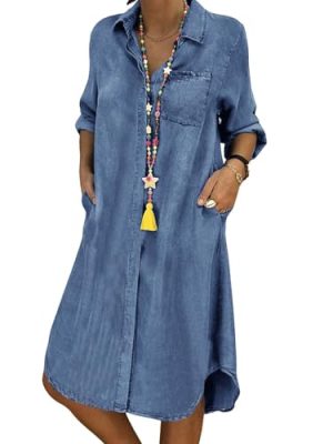 Denim Dress for Women 2025 Casual Loose Long Sleeve Classic Vintage Button Down Jean Shirt Dresses with Pockets