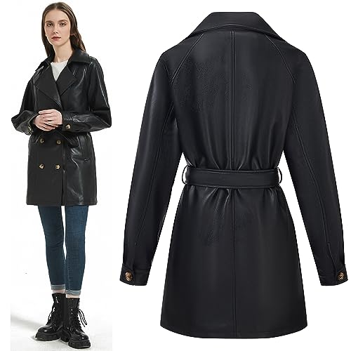 Women Faux Leather Long Jacket,Double Breasted Spring Fall Pleather Casual Lapel Mid Length Trench Coat with Belt