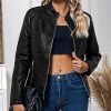 Faux Leather Jacket Women Motorcycle Zipper Bomber PU Bike Coat with Pockets