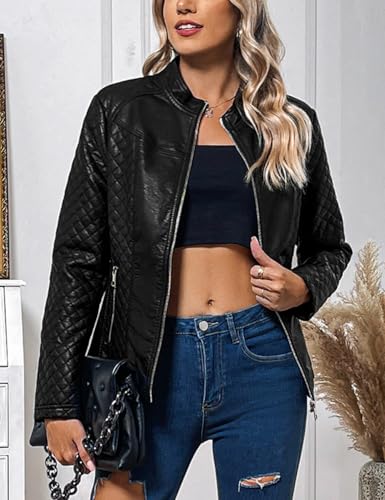 Faux Leather Jacket Women Motorcycle Zipper Bomber PU Bike Coat with Pockets