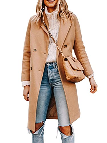 Womens Notched Lapel Collar Double Breasted Pea Coat Winter Wool Blend Over Coats Long Jackets