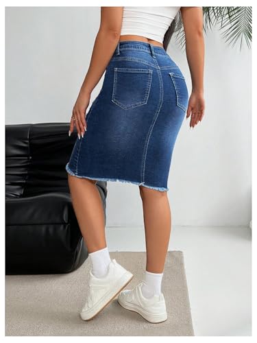 Women's Denim Pencil Skirt High Waisted Ripped Raw Hem Knee Length Stretch Bodycon Skirt