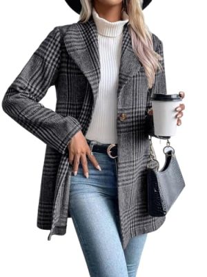 Long Wool Plaid Blazer for Women Fall Outfits Winter Trench Coat Long Sleeve Casual Dressy Lapel Jacket Peacoat