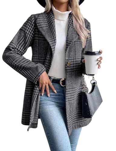 Long Wool Plaid Blazer for Women Fall Outfits Winter Trench Coat Long Sleeve Casual Dressy Lapel Jacket Peacoat