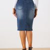 Women's Denim Skirt High Waist Slit Hem Stretch Bodycon Pencil Skirt Knee Length Jean Skirts