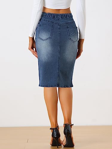 Women's Denim Skirt High Waist Slit Hem Stretch Bodycon Pencil Skirt Knee Length Jean Skirts