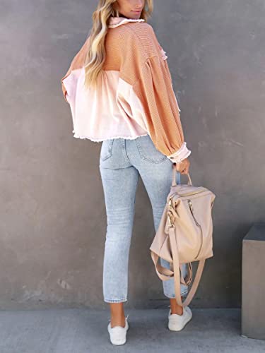 Women's Cropped Waffle Knit Jacket Boyfriend Button Down Shirt Shacket Tops
