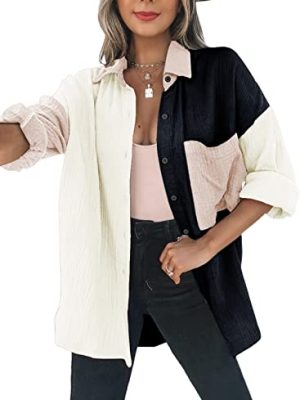 Womens Color Block Button Down Shirts Long Sleeve Oversized Boyfriend Blouses Tops