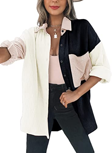 Womens Color Block Button Down Shirts Long Sleeve Oversized Boyfriend Blouses Tops
