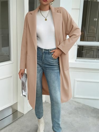 Womens Long Pea Coats Open Front Lapel Jackets Casual Belted Trench Coat Overcoats with Pockets