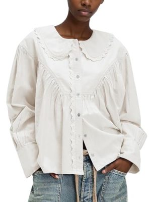 Womens Peter Pan Collar Button Down Blouses Shirts Loose Fit Casual Long Sleeve Summit Shirt
