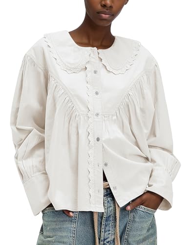 Womens Peter Pan Collar Button Down Blouses Shirts Loose Fit Casual Long Sleeve Summit Shirt