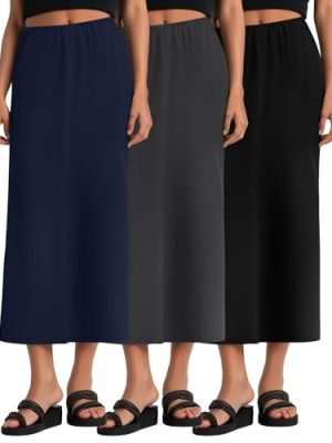 3 Pack Long Maxi Skirts for Women, Back Slit Ankle Length Casual Skirts Elastic Waist Soft Pencil Skirts with Pockets