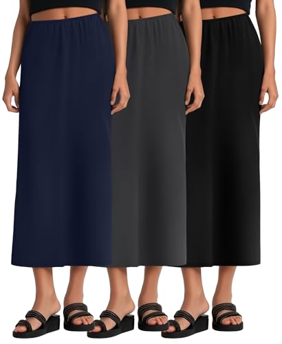 3 Pack Long Maxi Skirts for Women, Back Slit Ankle Length Casual Skirts Elastic Waist Soft Pencil Skirts with Pockets