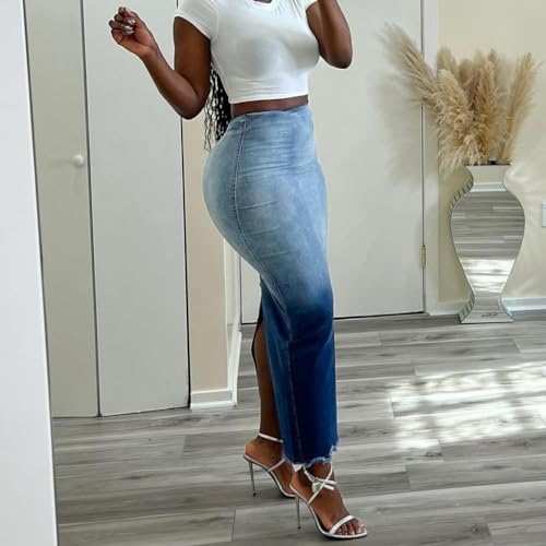 Stylish Women's High Rise Zipper Back Jean Skirt Split Hem Fringe Long Jean Pencil Perfect for Fashion Forward Women Blue