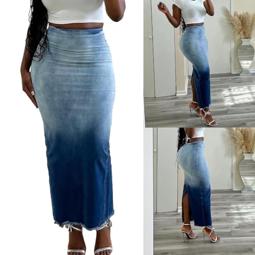 Stylish Women's High Rise Zipper Back Jean Skirt Split Hem Fringe Long Jean Pencil Perfect for Fashion Forward Women Blue