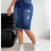 Women's Denim Pencil Skirt High Waisted Ripped Raw Hem Knee Length Stretch Bodycon Skirt