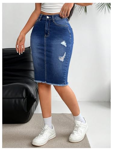 Women's Denim Pencil Skirt High Waisted Ripped Raw Hem Knee Length Stretch Bodycon Skirt