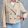 Women Crop Double Breasted Trench Coat Raglan Sleeve Work Office Cropped Jacket With Pockets