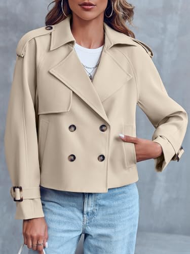Women Crop Double Breasted Trench Coat Raglan Sleeve Work Office Cropped Jacket With Pockets
