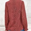 Women's Fall Fashion Long Sleeve Shirts Button Down Dressy Casual Blouses V Neck Eyelet Embroidery Hollow Out Tops