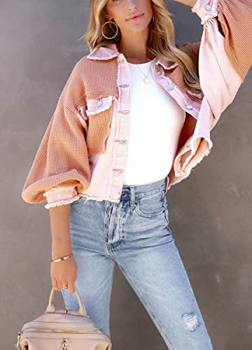 Women's Cropped Waffle Knit Jacket Boyfriend Button Down Shirt Shacket Tops
