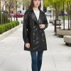 Women Faux Leather Long Jacket,Double Breasted Spring Fall Pleather Casual Lapel Mid Length Trench Coat with Belt