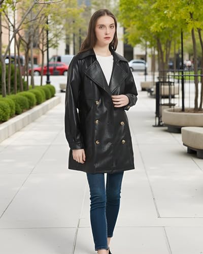 Women Faux Leather Long Jacket,Double Breasted Spring Fall Pleather Casual Lapel Mid Length Trench Coat with Belt