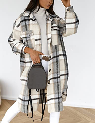 Women's Long Flannel Plaid Jacket Shacket Cozy Lapel Button Down Shirt Jacket Fuzzy Trench Coat