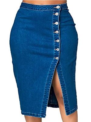 Women's Plus Size Stretchy Fit Denim Skirt Midi High Waist Bodycon Jean Skirt Casual Slit Below Knee Pencil Skirt