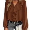 Women's V Neck Ruffle Front Button Down Long Sleeve Blouse Top Shirt