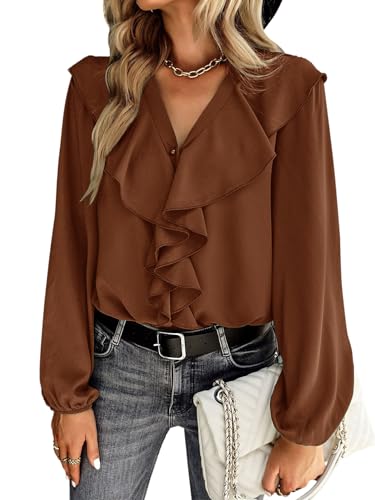Women's V Neck Ruffle Front Button Down Long Sleeve Blouse Top Shirt