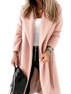 Womens Notched Lapel Collar Coats Open Front Long Jackets Overcoat with Belt