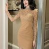 Women's Office Work Dress Lace Trim Pencil Dress Long Sleeve Slim Fit Mini Skirt Elegant Party Dress(Medium)