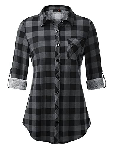 Womens Soft Knitted Shirts Stretchy Roll Up Long Sleeve Dressy Casual Button Down Shirt Work Blouse Tops