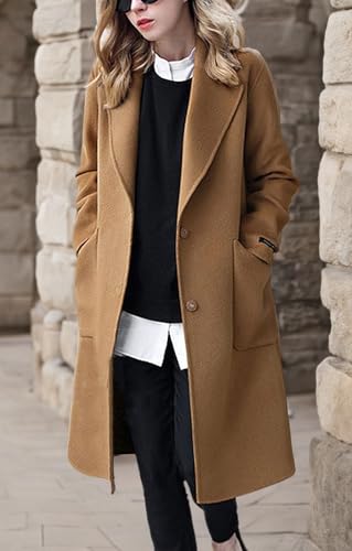 Women's Winter Casual Single Breasted Long Wool Coat Formal Office Wool Overcoat