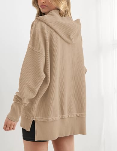 Womens Fashion 2025 Oversized Long Sleeve Hoodie Button Down V Neck Sweatshirt Side Slit Casual Pullover Tops
