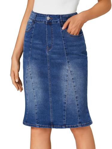 Women's Denim High Waisted Knee Length Pencil Mermaid Stretch Jean Skirt