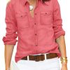 Women's Button Down Denim Shirt Collared Casual Long Sleeve Pocket Tops