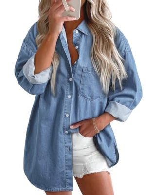 Women Denim Shirts Button Down Blouse V Neck Casual Tops