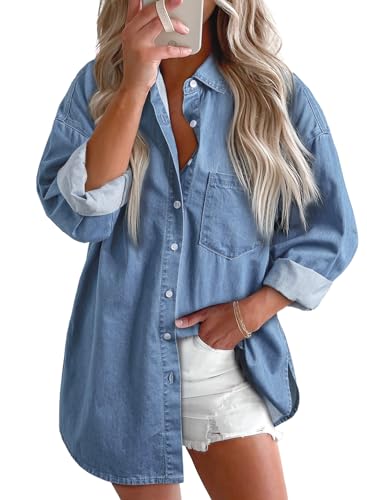 Women Denim Shirts Button Down Blouse V Neck Casual Tops