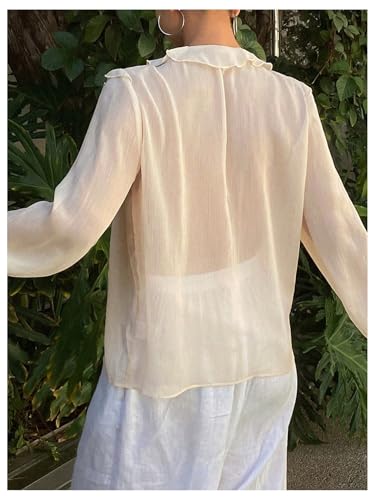 Women's Chiffon Blouses Dressy Peasant Tops Boho Sheer Ruffle Bishop Long Sleeve Button Down Shirt